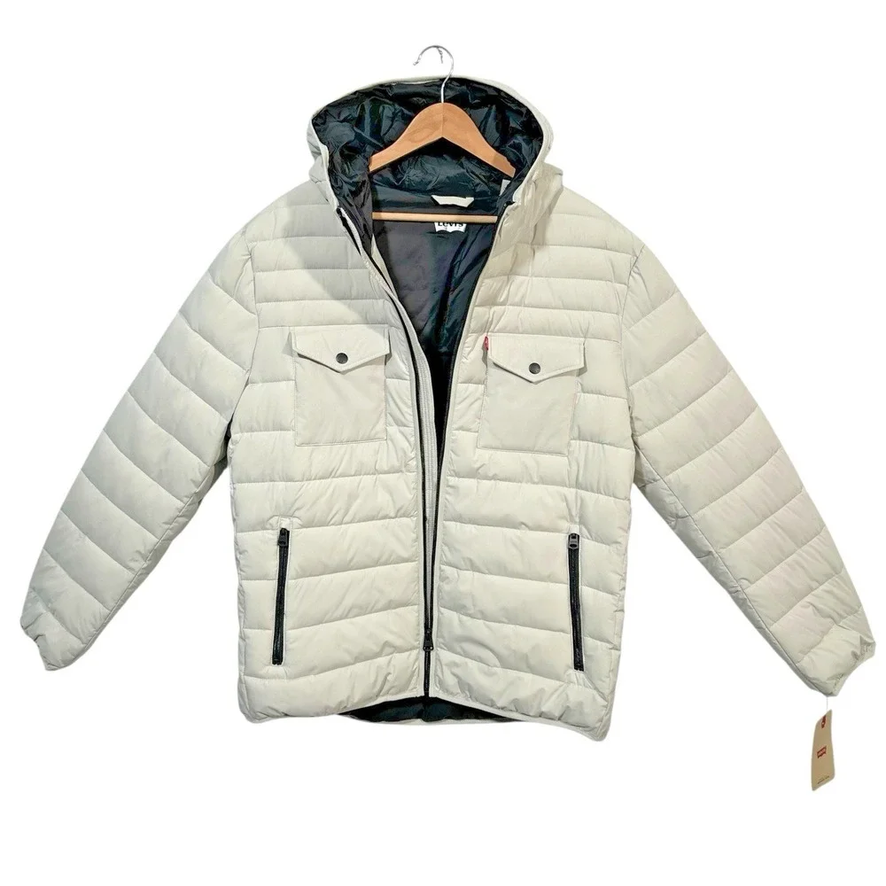 Levis Mens Stretch Quilted Puffer Jacket XL Off-White-Ice Hooded Water Resistant